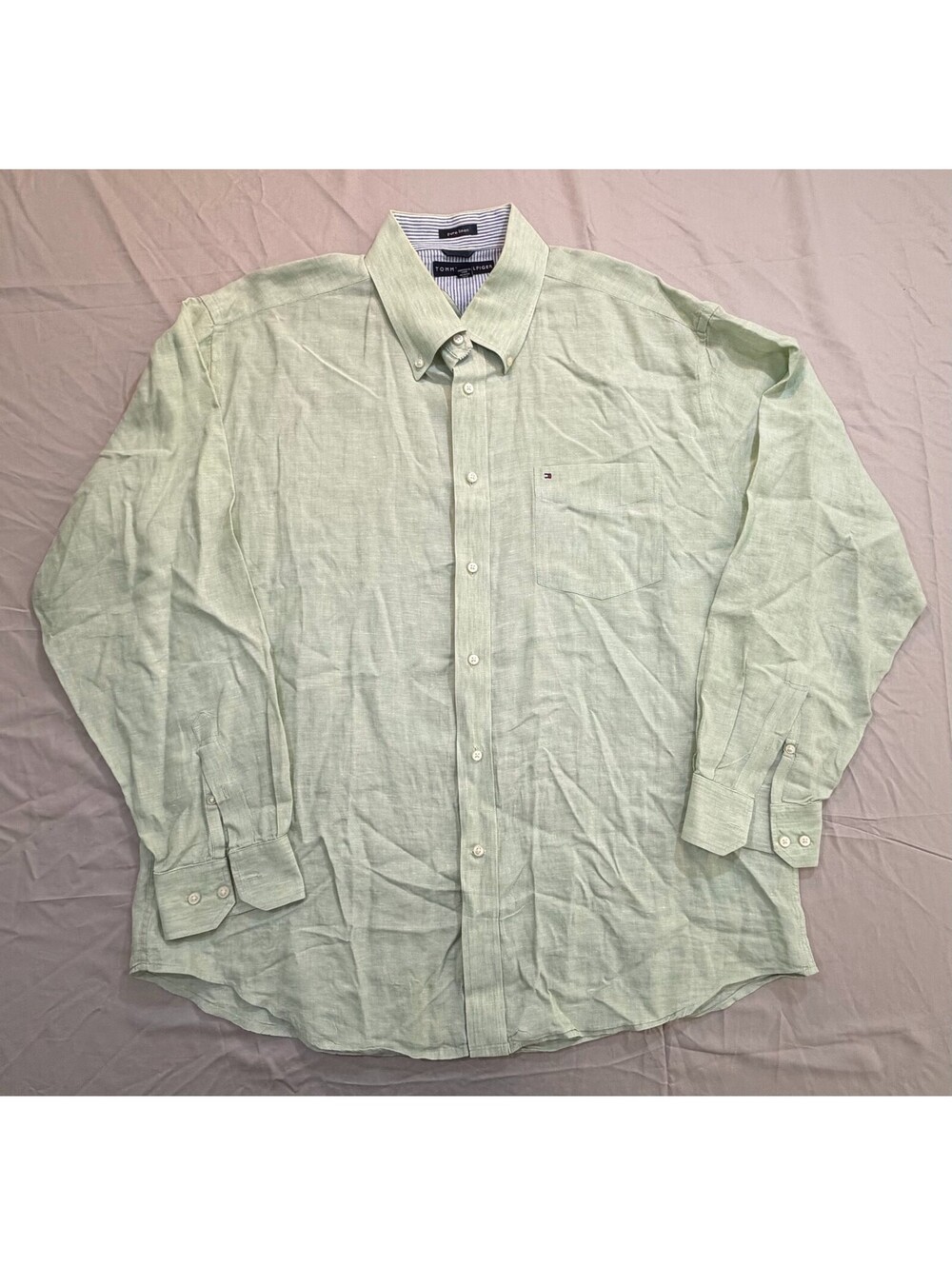 Tommy Hilfiger Pure Linen Shirt Mens XL Green Long Sleeve Button Down